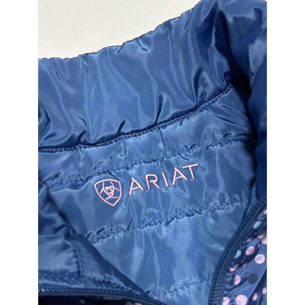 Ariat Reversible Puffer Vest Kids XL 14 Blue Horse Polka Dot Print Quilted Zip‎